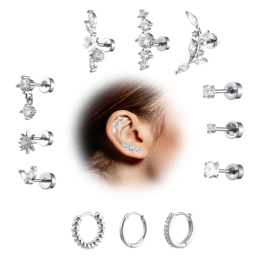 HJZHII Helix Piercing Earrings, 16G Cartilage Tragus Ear Jewellery Stainless Steel Flat Back Earring Stud Rhinestones (12)