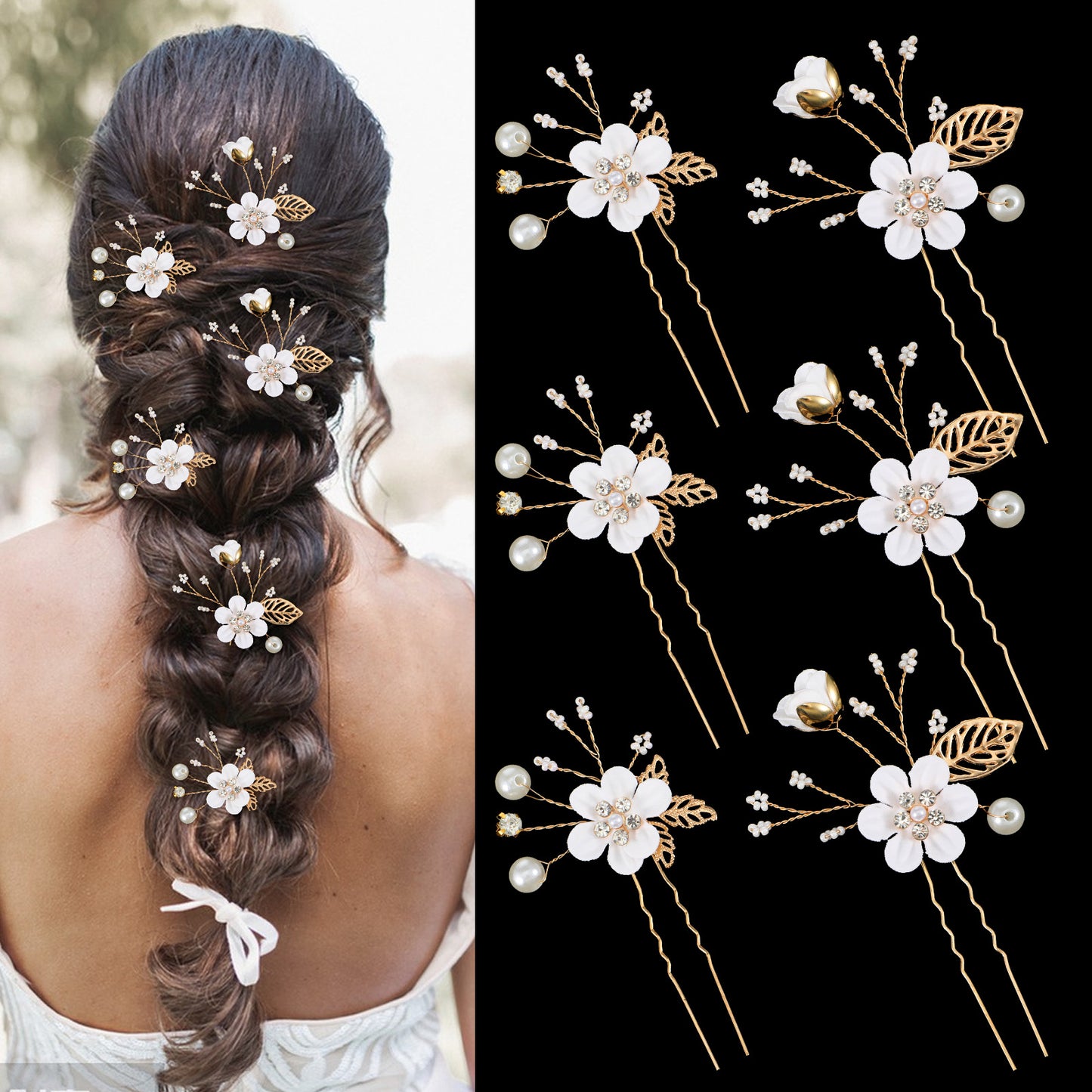 XLIUAX Flower Hairpin, Pearl Hairpin Decorative Bridal Hair Clips for Wedding Gold Pins with Rhinestone Flower Hair Accessories for Women Bridesmaid Brides Handmade Jewelry Pearl Hairs Clips(B)