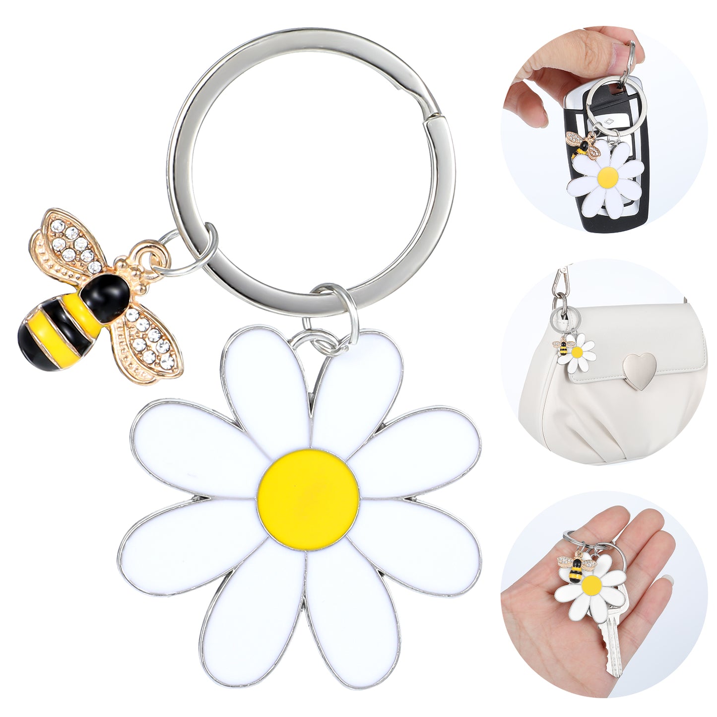 HHJZHII Cute Bee Daisy Keychain, Enameled Zinc Alloy Flower Key Chain Bag Charm Purse Keys Metal Keyring Purse Accessories Gift for Women Girl