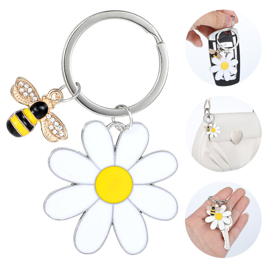 HHJZHII Cute Bee Daisy Keychain, Enameled Zinc Alloy Flower Key Chain Bag Charm Purse Keys Metal Keyring Purse Accessories Gift for Women Girl