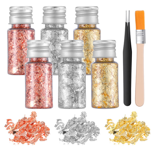 JJUNW 6Pcs Decorative Gold Leaf, Multifunction Gold Flakes Cake Decoration Baking Foil Decor with Plastic Tweezers&Brush for Cooking Dessert Decoration Crafts Makeup(Gold, Rose Gold, Silver)