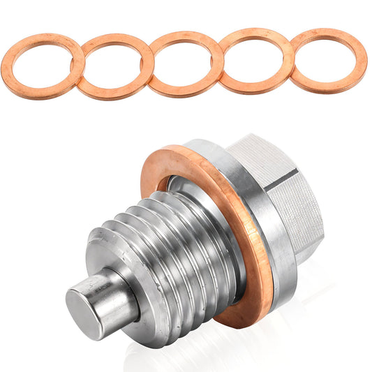 HJZHII M14x1.5 Magnetic Oil Drain Plug, Stainless Steel Sump Drain Nut Bolt with 5 Copper Crush Washer Gaskets Universal Leak-proof Replacement for Most Vehicles