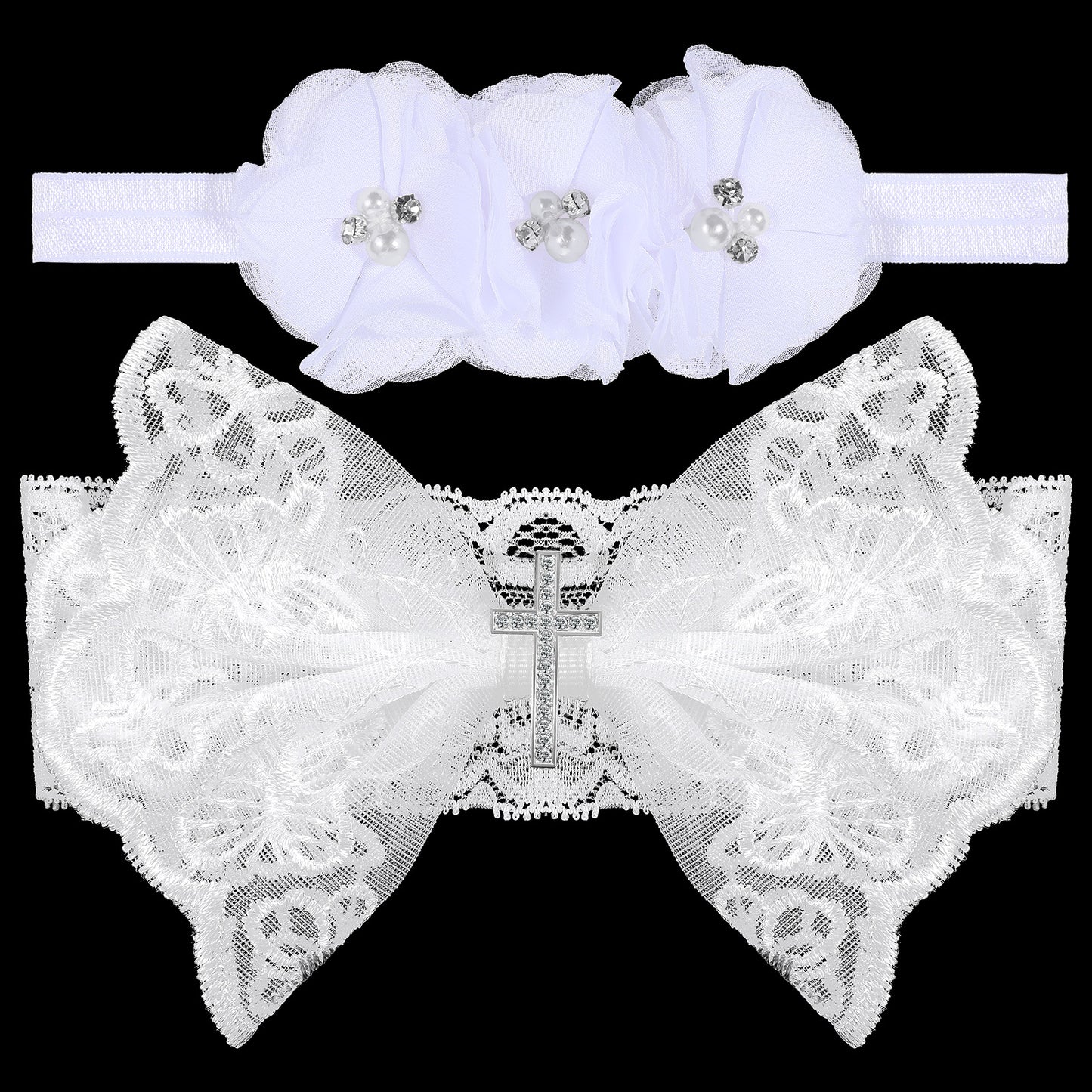 cobee 2Pcs Baby Girls Baptism Headbands, Newborn Christening White Cross Lace Hair Bowknot Infant Floral Pearl Rhinestone Hair Stretchy Strap for Baby Shower Party Photography Props, Over 6 Months