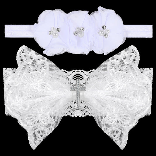 cobee 2Pcs Baby Girls Baptism Headbands, Newborn Christening White Cross Lace Hair Bowknot Infant Floral Pearl Rhinestone Hair Stretchy Strap for Baby Shower Party Photography Props, Over 6 Months