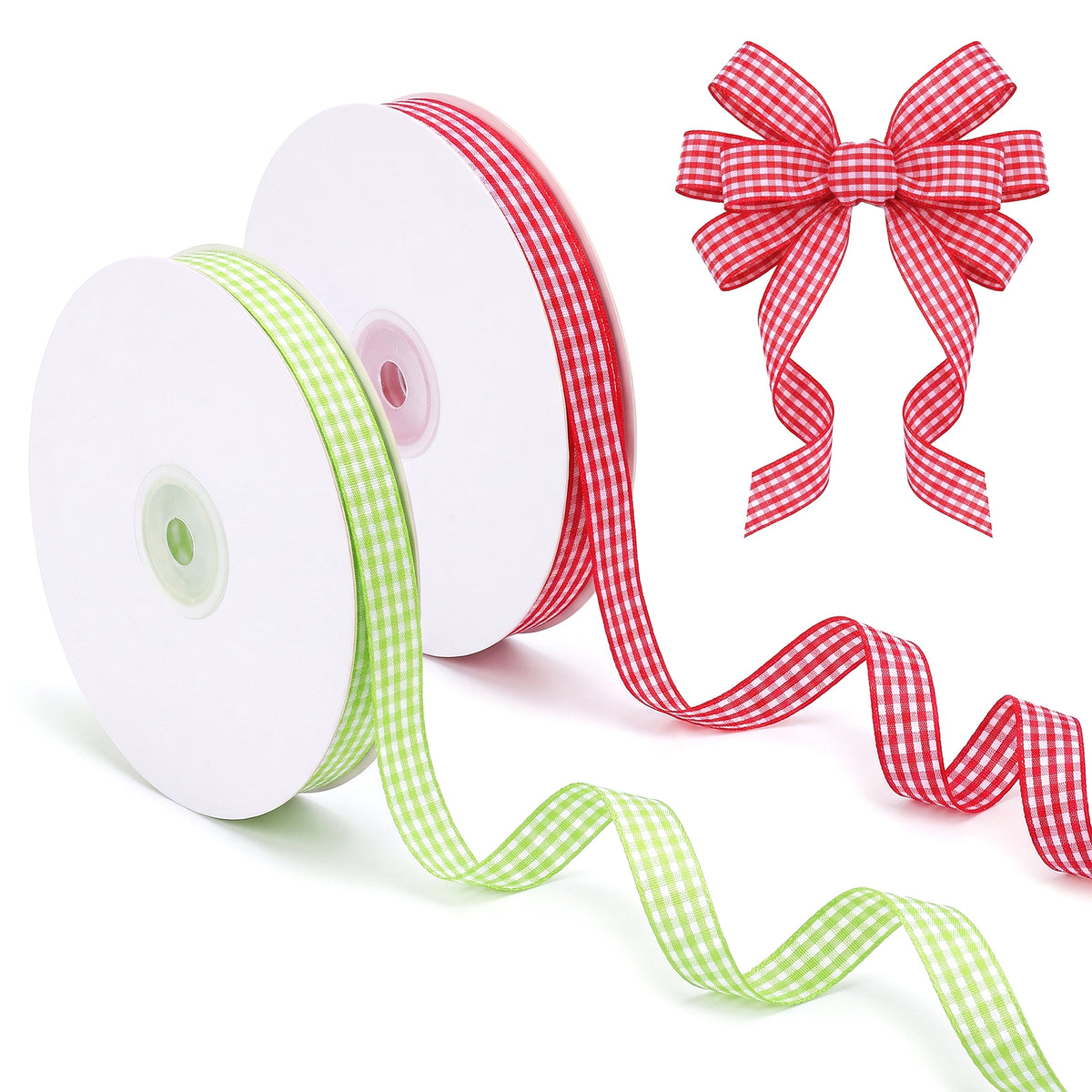 Jeffdad Green& Red and White Gingham Gift Wrapping Ribbon 3/8 Inch 50 Yards