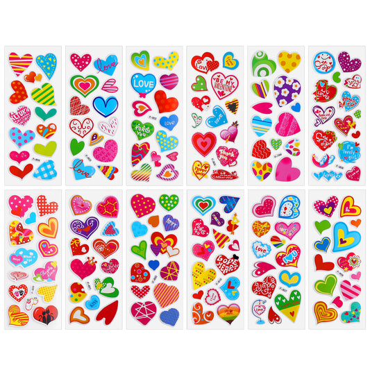HJZHII 12 Sheet Variety Puffy Stickers for Kids, Cute Love Heart Sticker Colorful Children 3D Stickers Kid Stickers for Party Bag Fillers Rewarding Gifts Scrapbooking(Love Heart)