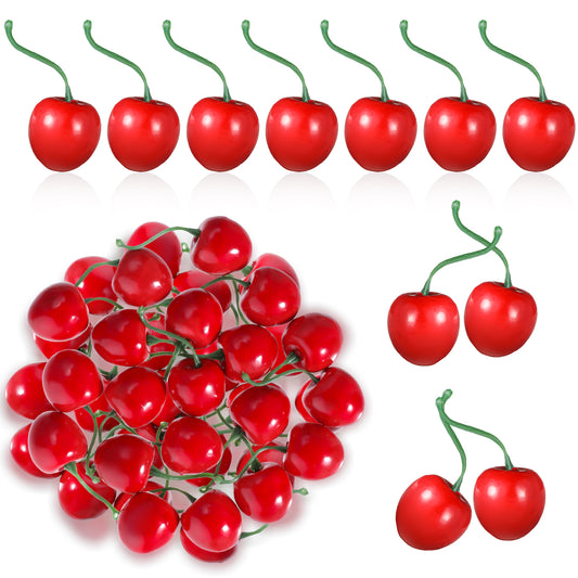 JIYIN 50 PCS Artificial Red Cherries, Fake Cherry Model Lifelike Fruit Cherry Ornament Simulation Cherry Fake Fruit Model Fake Candy for Party Home Kitchen Dining Decoration (Red)