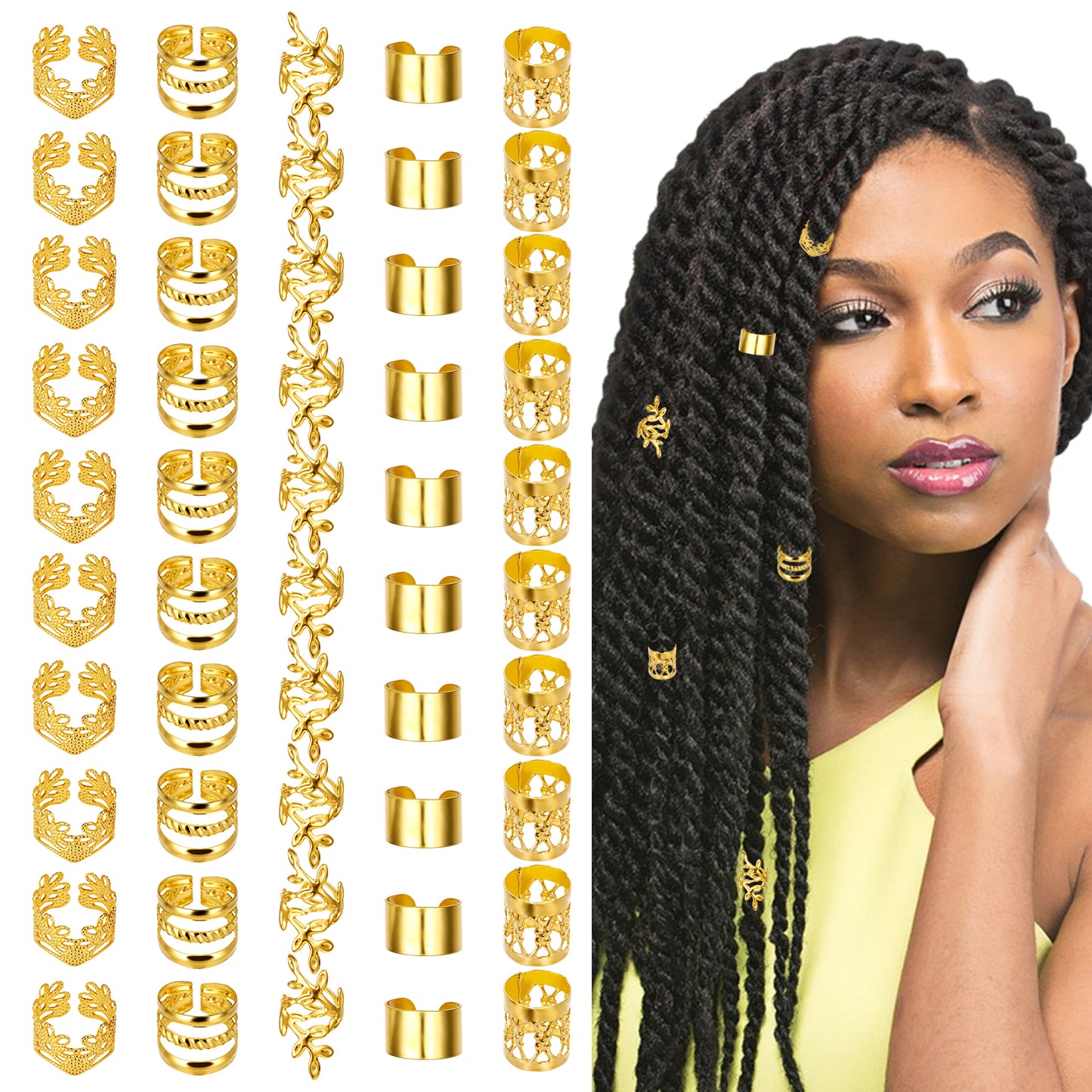 Molain 100Pcs Gold Hair Jewelry for Locs, Hair Cuffs for Braids, Hair Clips for Braids, Gold Hair Rings, Adjustable Hair Charms for Braids, Hair Braid Accessories for Women Men Dreadlock Accessory