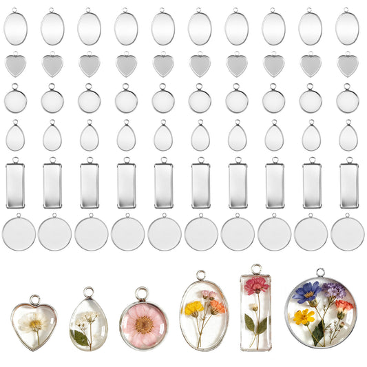 Cobee 60 Pcs Stainless Steel Pendant Trays Kit, 6 Shapes Silver Bezels