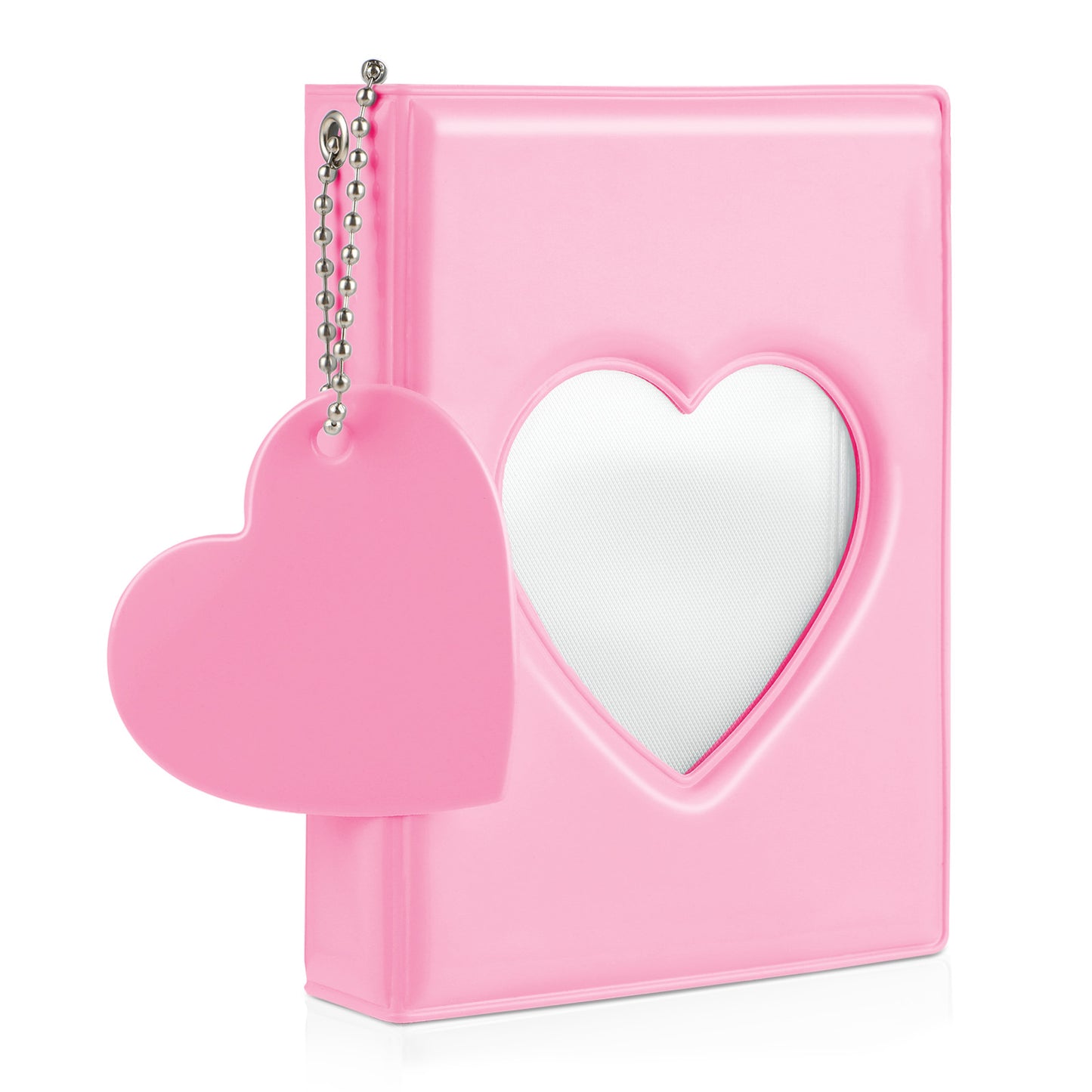 GEEHUA 3 Inch Mini Photo Album - Heart Hollow Card Binder with 32 Pockets, Pink Cute Photo Card Holder with Beaded Chain for Photocards Collection