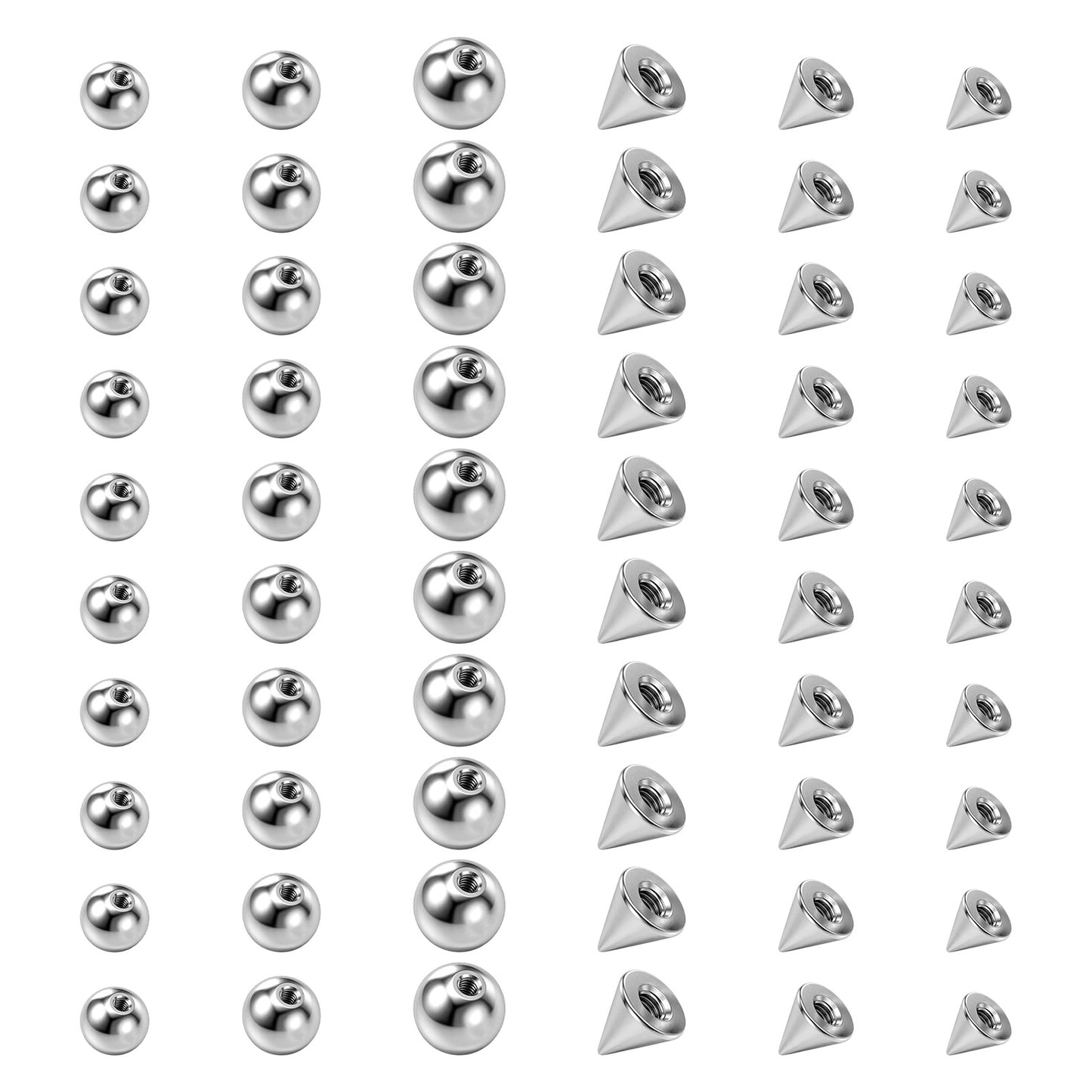 SULIKJHUI 60 Pcs 16G Piercing Balls Replacement, Externally Threaded Surgical Steel Spikes for Industrial Barbell Tongue Nipple Navel Jewelry (3mm 4mm 5mm, Silver)