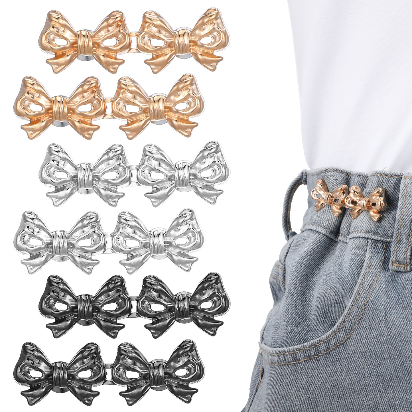 JIEYAO 6 Sets Bow Pant Waist Tightener, Jean Buttons for Loose Jeans, Adjustable Bowknot Waist Pin Button Detachable Waist Buckle Cute Pants Clips for Pants Skirts Clothing Accessories