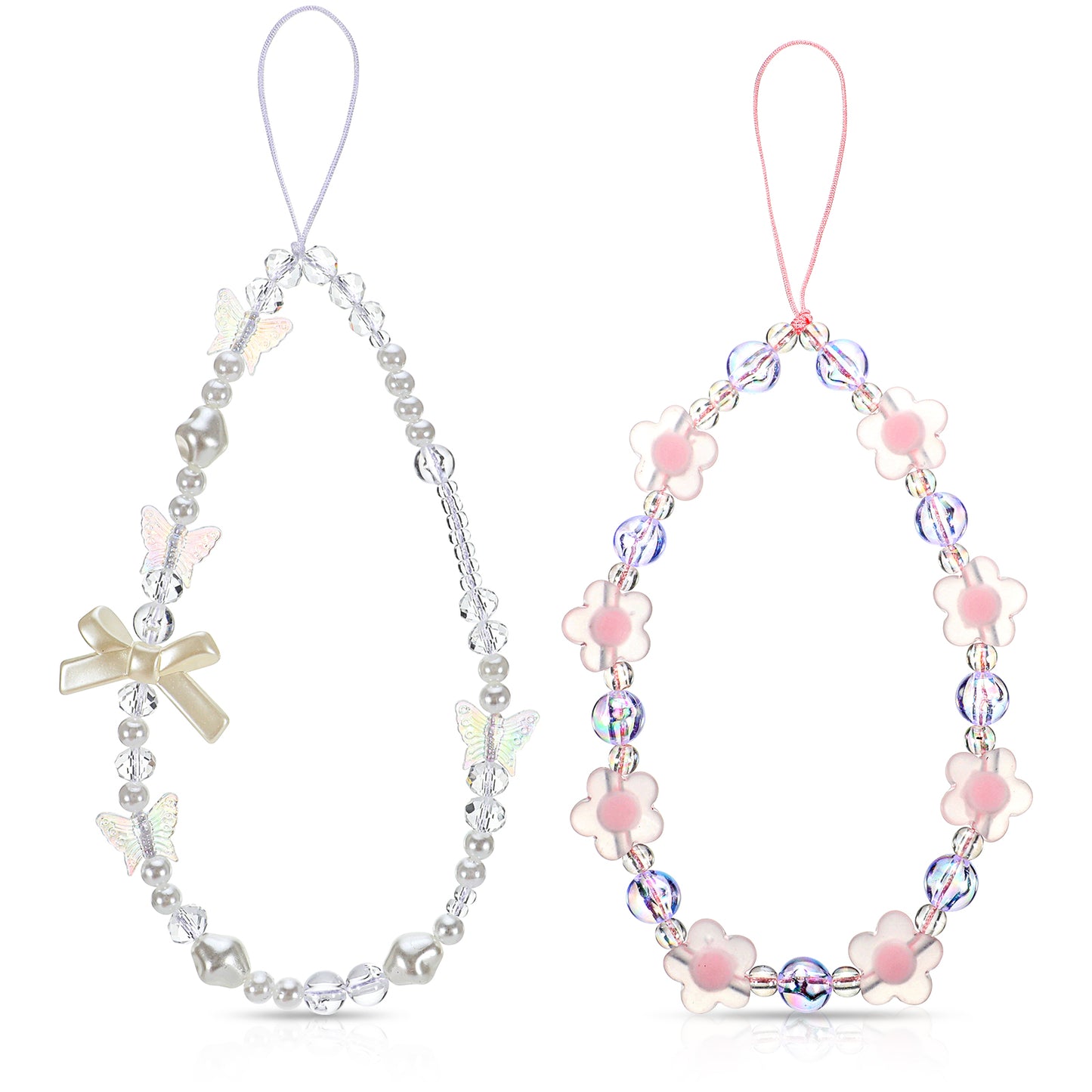 BOHUIZ 2 Pcs Beaded Phone Wrist Strap, Crystal Butterfly Flower Pearl Phone Bracelet Strap Cute Phone Charm Y2k Lanyard for Women Phone Camera Keychain Wallet Pendant Decor