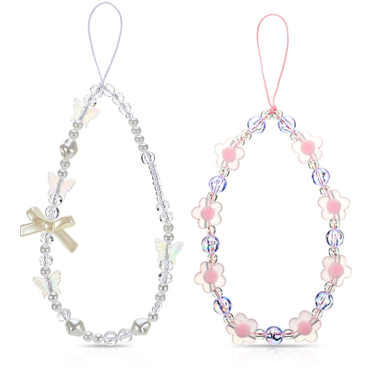 BOHUIZ 2 Pcs Beaded Phone Wrist Strap, Crystal Butterfly Flower Pearl Phone Bracelet Strap Cute Phone Charm Y2k Lanyard for Women Phone Camera Keychain Wallet Pendant Decor