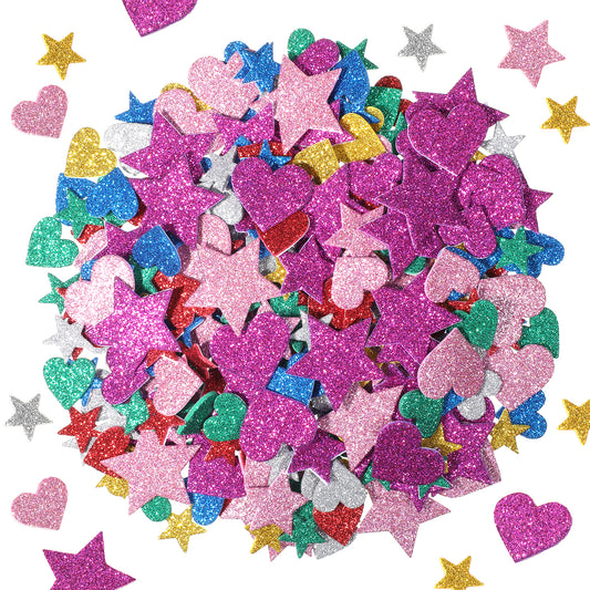 HJZHII 480pcs Glitter Foam Stickers, Glitter Star Heart Foam Stickers Colorful Heart Stars Shapes Self Adhesive Sticker for Arts Crafts DIY Supplies Valentine's Day Christmas Decorations