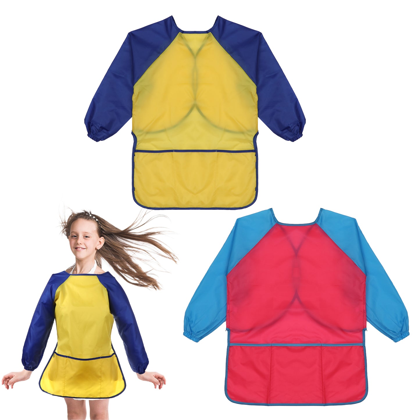 Giantree 2Pcs Kids Painting Apron, Kids Waterproof Toddlers Art Smock, Painting Supplies, Artist Smock for Kids Age 5-8 with Long Sleeve and 3 Pockets for Kids Painting Cooking Baking (Colorful)