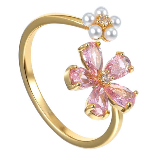 HJZHII Dainty Flower Ring for women, Sparkling Zircon Dainty Open Rings Wrap Pearl Flower Finger Ring Engagement Promise Band