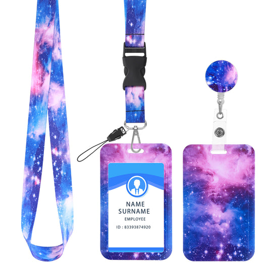 Molain ID Badge Holder with Lanyard and Retractable Badge Reel Clip, Starry Sky ID Card Holder Set Retractable Badge Key Reel Breakaway Crossbody Lanyards Around The Neck for Women(Starry-Purple)