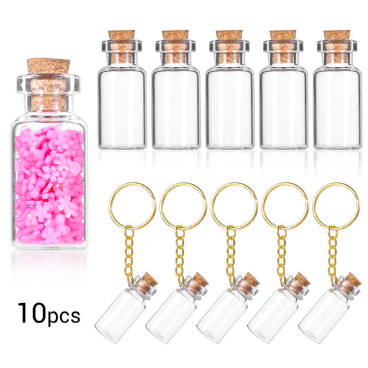 HJZHII 10 Pcs Mini Glass Bottles, 3ml Wish Jar Keychains with Corks Lids Tiny Jars Potion Bottle Miniature Message Bottles for DIY Crafts Backpack Bag Hanging Wedding Party Favors