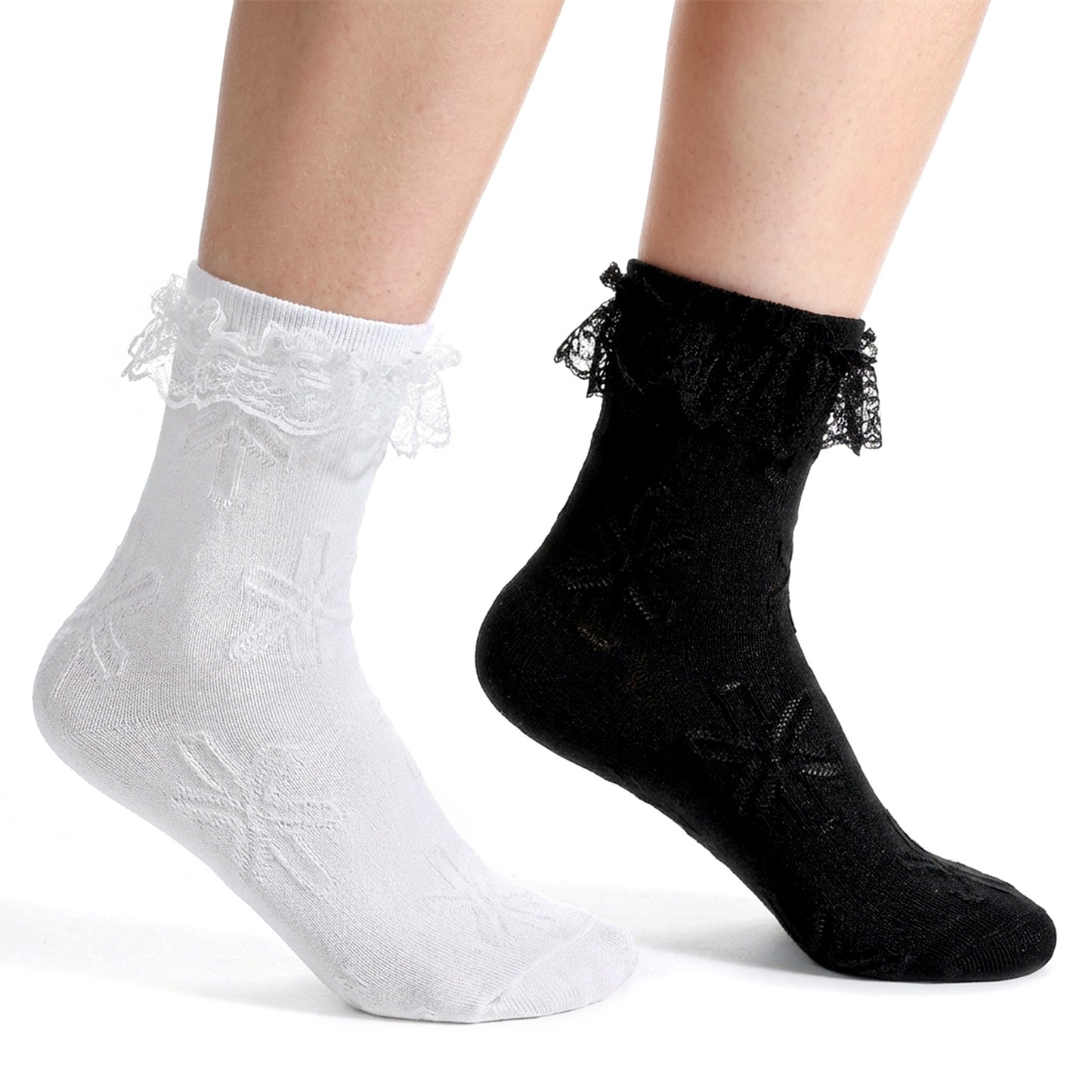 TIESOME 2 Pairs Women Lace Socks, Turn Cuff Ruffle Ankle Socks, Frilly Lace Trim Cotton Blend Laces Sock Ankle (Black & White)