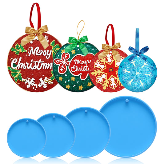 JIEYAO Christmas Resin Molds, 4 Size Round Silicone Pendant Molds Epoxy Resin Casting Molds for Christmas Tree Ornaments DIY Crafts Gift Packing Home Decorations Jewelry Keychain Making