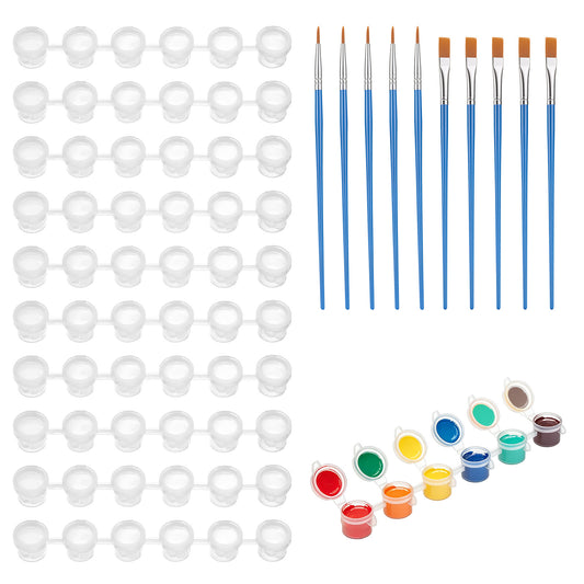 JJUNW 10 Strips Paint Pots with Lid, 60pcs Pots Empty Paint Strips with 10pcs Paints Brushes Paints Containers Mini Clear Storage Containers for Classrooms Schools Paintings Art Festivals 3 ml/0.1 oz