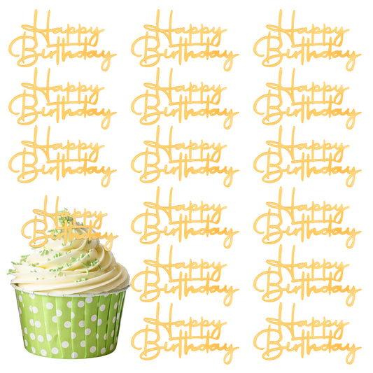HJZHII 15 Pcs Happy Birthday Cakes Toppers, Gold Happy Birthday Cake Topper Acrylic Cupcakes Topper Party Cake Decorations Gold Cupcake Toppers or Party Celebration Dessert Decor Accessories Supplies
