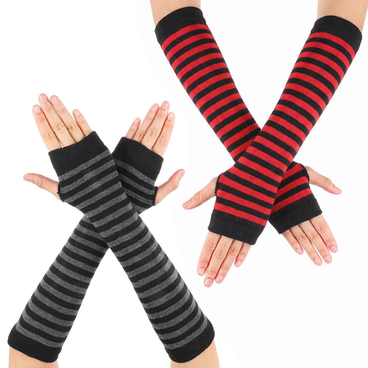 XLIUAX 2 Pair Striped Arm Warmers, Gothic Arm Warmers Fingerless Gloves