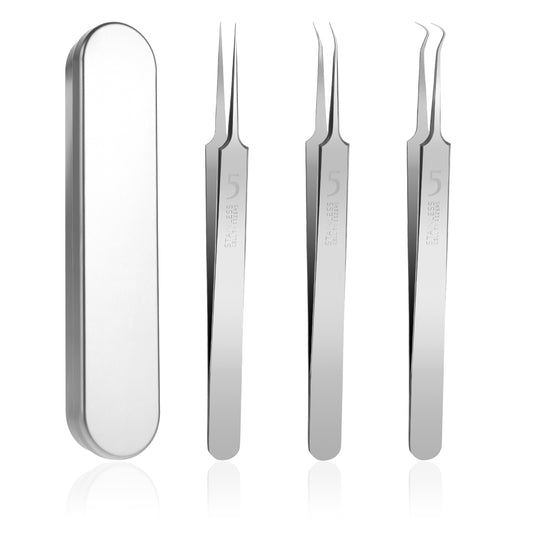 Bewudy Professional Facial Blackhead Remover Tweezers, 3Pcs Precision Pimple Popper Tool Kit, Stainless Steel Blackhead Tweezers for Whitehead Ance Blemish Comedones Stainless Steel Makeup Tool (3)