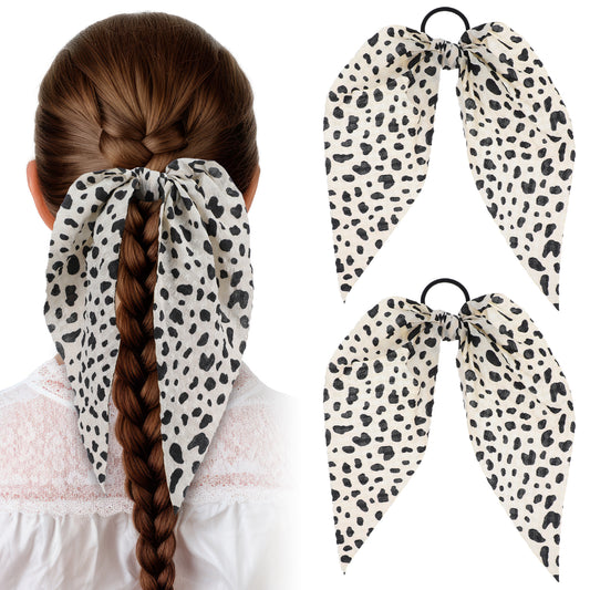 AOZUO 2pcs Spotted Pattern Hair Band, Elastic Cow Print and Leopard Bowknot Hair Tie Ropes Ponytail Holder Hair Scarf Scrunchies Rabbit Bunny Ear Scrunchy Hair Ribbon Aesthetic Hair Accessories(B)