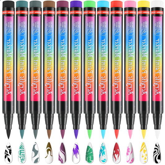 HJZHII 12 Color 3D Nail Art Pens Set, Waterproof Nail Point Graffiti Dotting Pen Quick Dry Acrylic Drawing Painting Pen with Soft Bristles Liner Brush for DIY Nail Art Beauty Manicure Tools