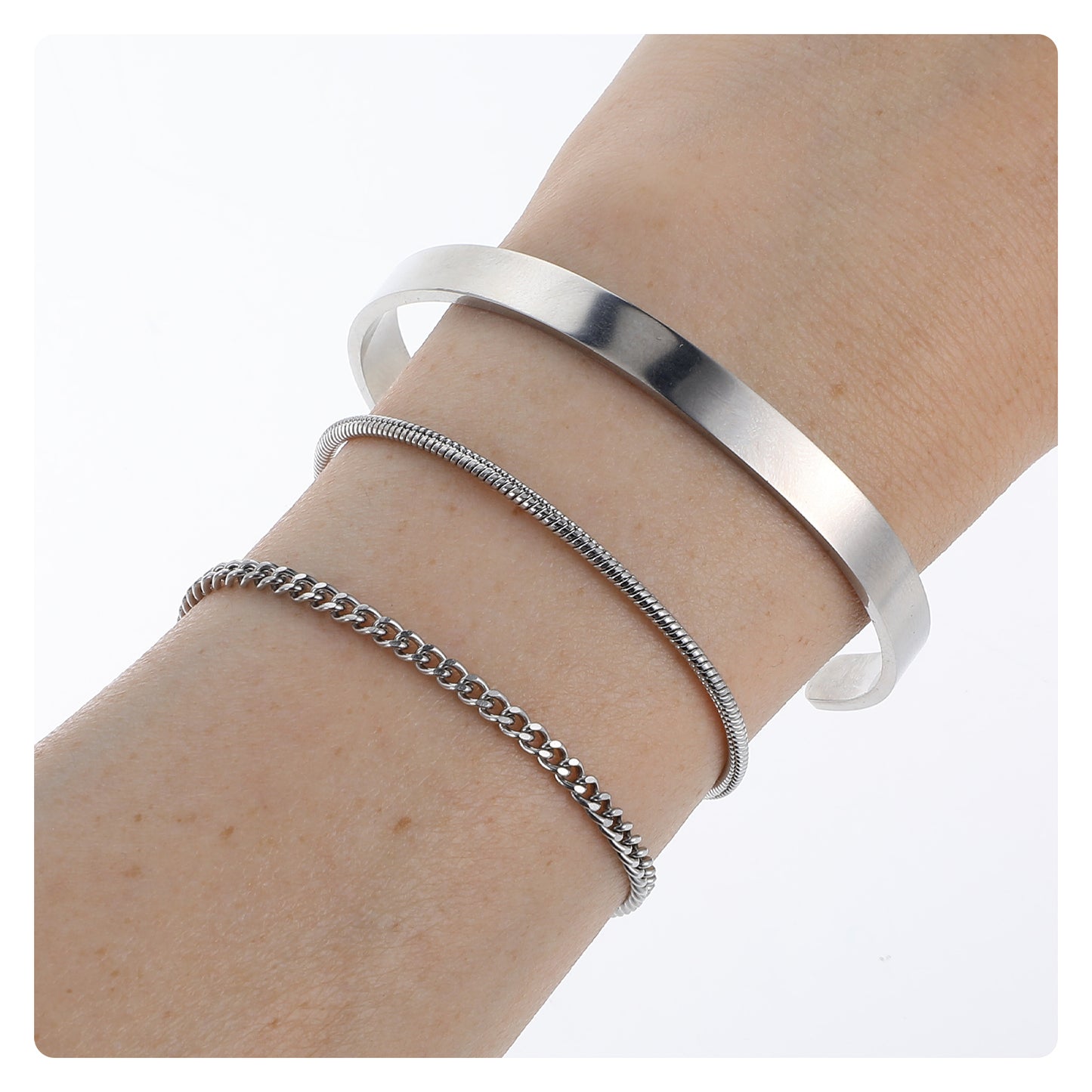 Yuanchu 3Pcs Silver Stackable Bracelets Set for Men, Stainless Steel Thin Cuff Snake Cuban Link Chain Bracelet Jewelry Gifts
