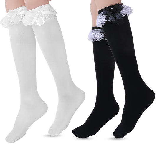 Giantree Women Lace Ruffle Knee High Socks, Cotton Knee High Socks with Bow, Cute Lolita Socks with Bow Lace Ruffle Trim Socks for Women(White+Black)