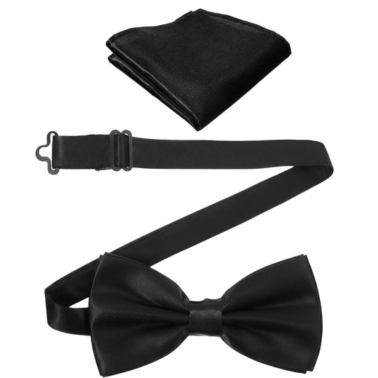 Andibro Pre-Tied Bow Tie Set for Men, Black Adjustable Imitation Silk Bowtie with Pocket Square and Cufflinks Classic Formal Wedding Tuxedo Accessory