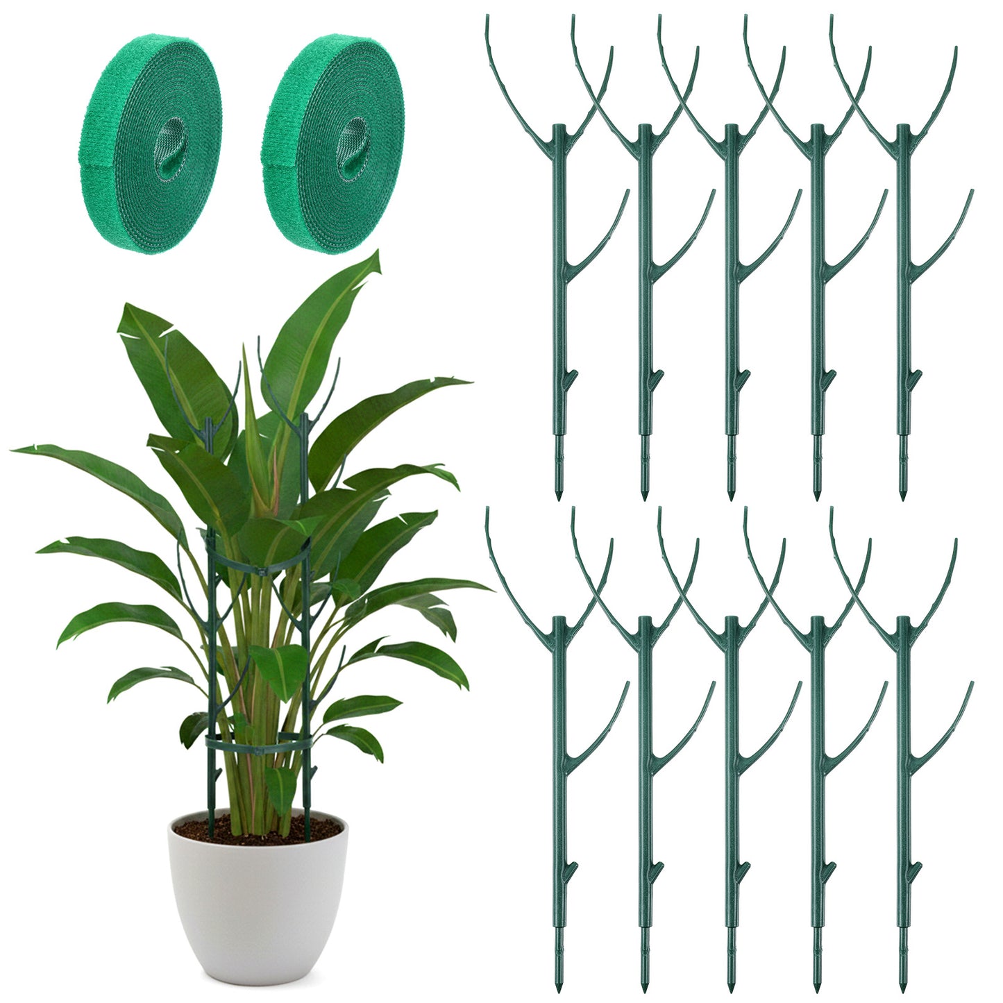 WJIAAA 10 Pack Stackable Plant Support Stakes for Indoor Outdoor Plants, Pothos Plant Climber Support Structures with 2 Rolls Hook and Loop for Vine Training Stem Stabilization