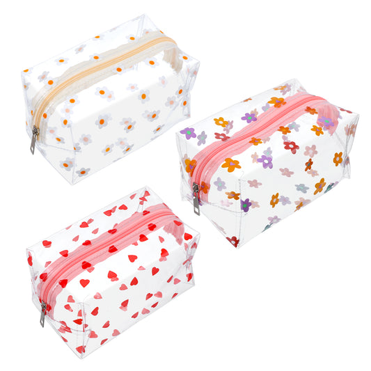 JIYIN 3 Pcs Clear Pencil Case for Girls, Large Transparent Flower Pencil Case Stationery Pouch Cute Floret Pattern Bag Waterproof PVC Clear Cosmetic Pouch for Women Travel Toiletries