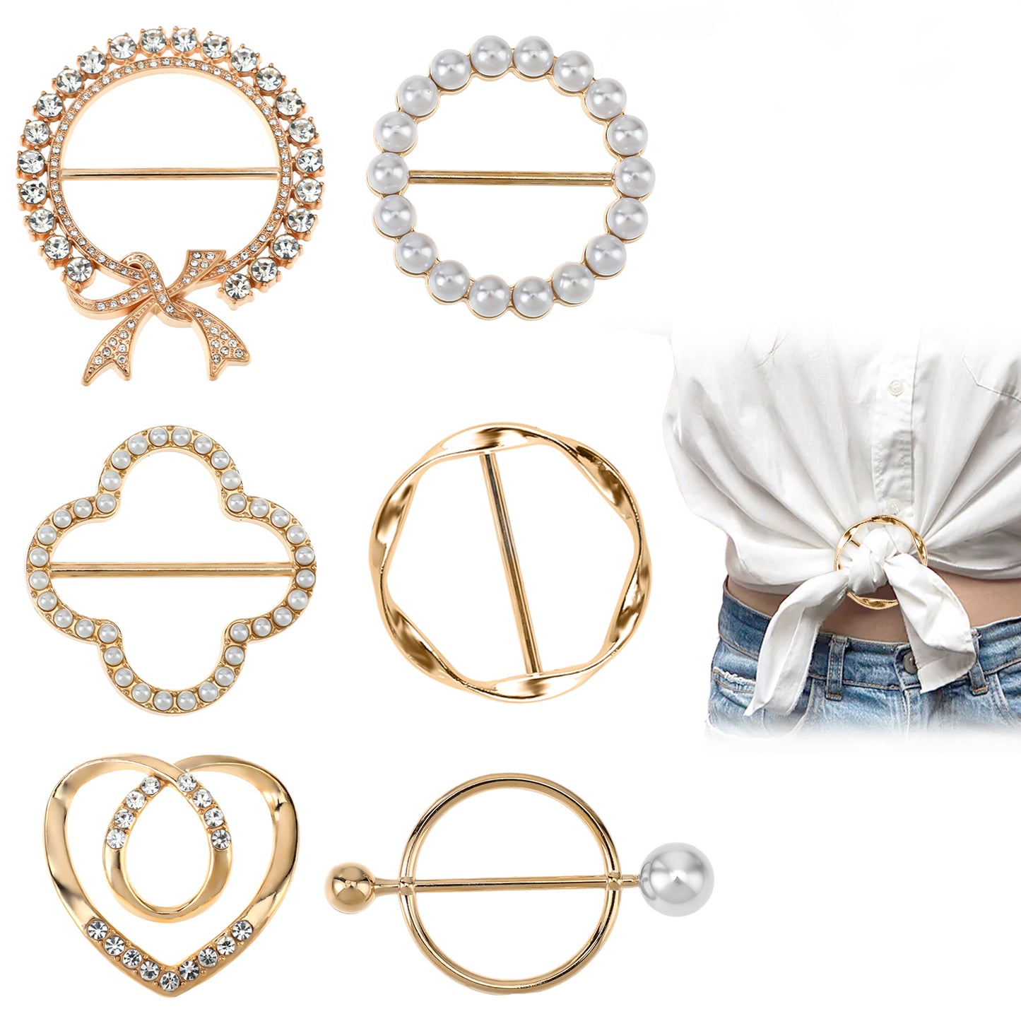 Molain 6PCS Scarf Ring Clip Shirt Clip T-Shirt Tie Ring Clips for Women and Slide Tshirt Twist Knot Clip Buckle Circle Clothing Ring Wrap Holder Metal Tshirt Clips and Rings(Gold)