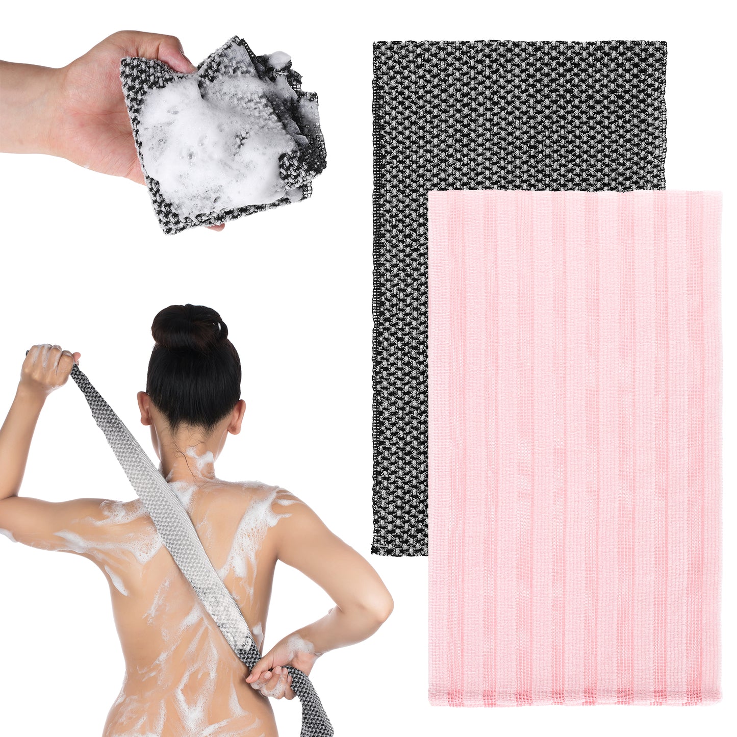 BOHUIZ 2PCS Exfoliating Washcloth Shower Towels, Exfoliating Body Scrubber Back Scrubber for Shower Japanese Washcloth Bath Wash Cloth Exfoliation Luffah Towel Loofah Sponge Loofah Scrub (Black, Pink)