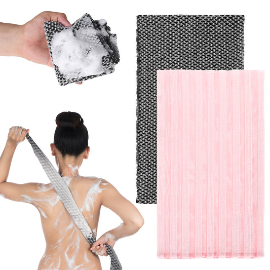 BOHUIZ 2PCS Exfoliating Washcloth Shower Towels, Exfoliating Body Scrubber Back Scrubber for Shower Japanese Washcloth Bath Wash Cloth Exfoliation Luffah Towel Loofah Sponge Loofah Scrub (Black, Pink)