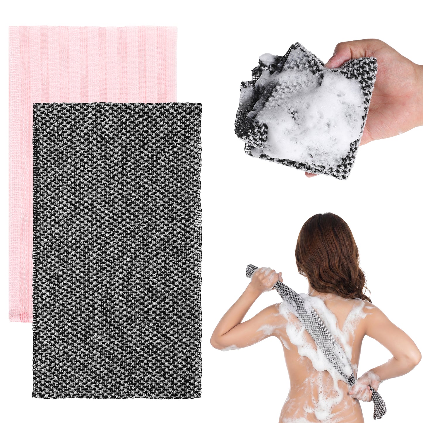 SHENLIU 2PCS Exfoliating Washcloth, Japanese Washcloth & Shower Cloth Set, Polyester Body Scrubber for Shower (Black, Pink, 37.4x9.84 in)