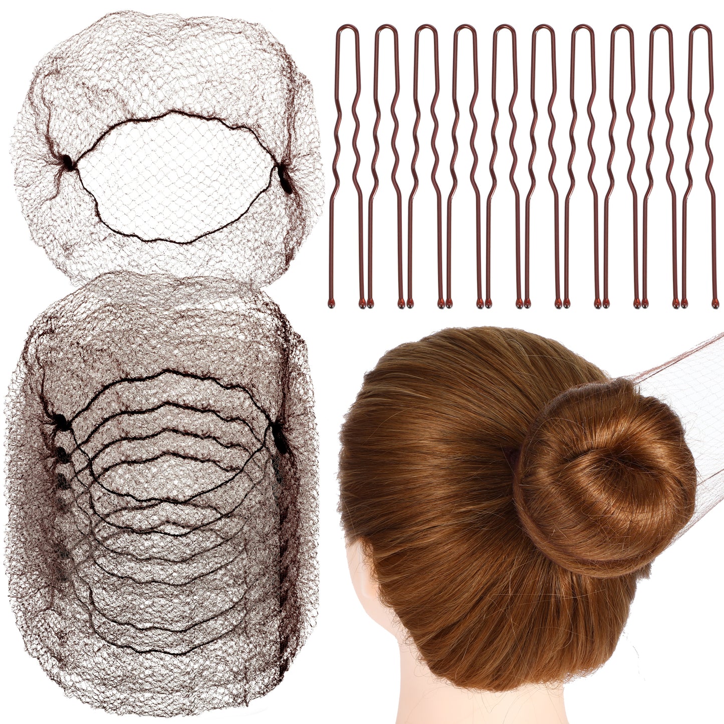 GEEHUA 50PCS Hair Nets Set, Invisible Bun Hair Nets Elastic Edge Mesh Hair Covers with 40pcs U Shaped Hair Pins Bun Maker for Women Girl Ballet Gymnastics Dancer Catering Sleeping(Brown)