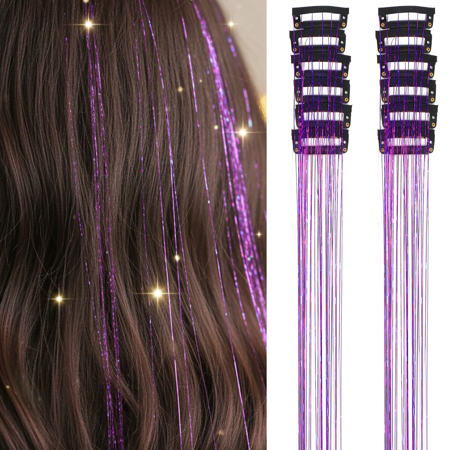 XLIUAX 12 Piece Hair Tinsel Clips, Clip in Hair Tinsel, 19.5 Inch Glitter Heat Resistant Hairs Tinsels Extensions, Sparkle Strands Festival Gift Party for Parties, Everyday Wear, Travel, Birthdays