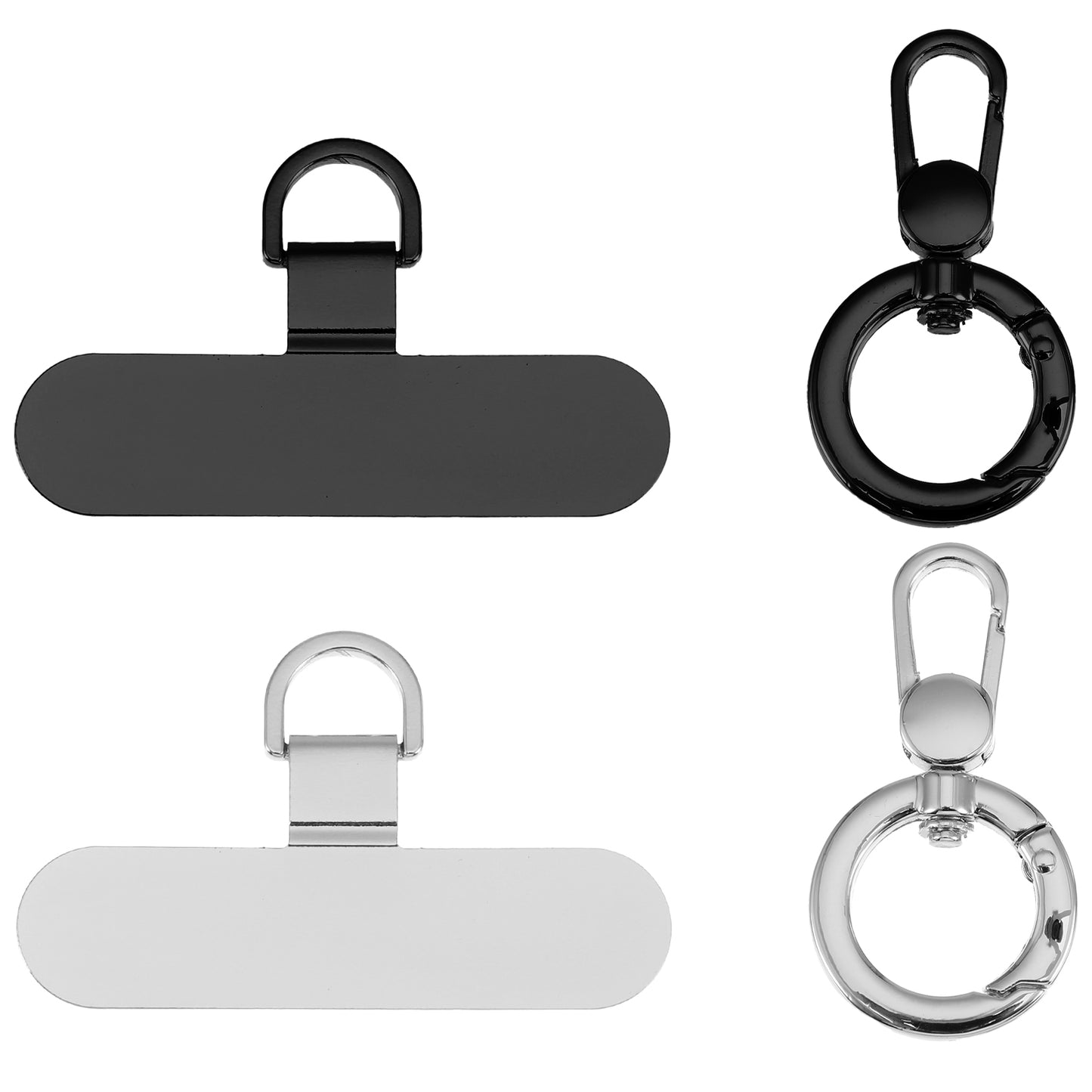 WJIAAA 2Pcs Phone Tether Tab, 2Pcs Spring O Ring, 360° Rotatable Cell Phone Lanyard Patch Ultra-Thin Universal Lanyard Pad(Silver+Black)