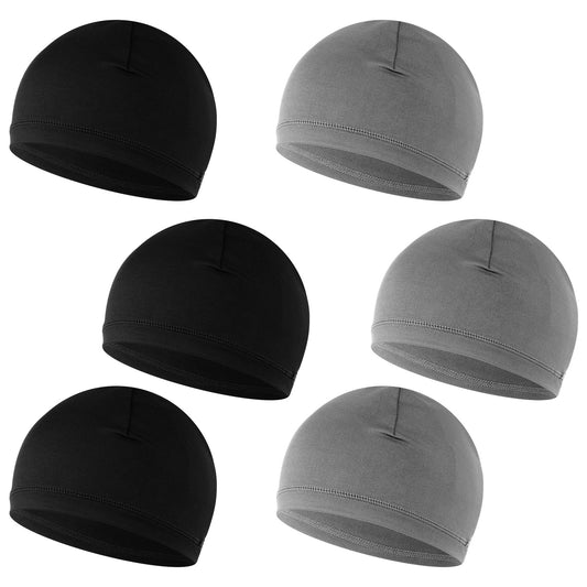 HJZHII 6 Pcs Breathable Mesh Skull Caps, Soft Beanie Hats Cooling Cap Cycling Caps Sweat Wicking Running Hat(Black, Gray)