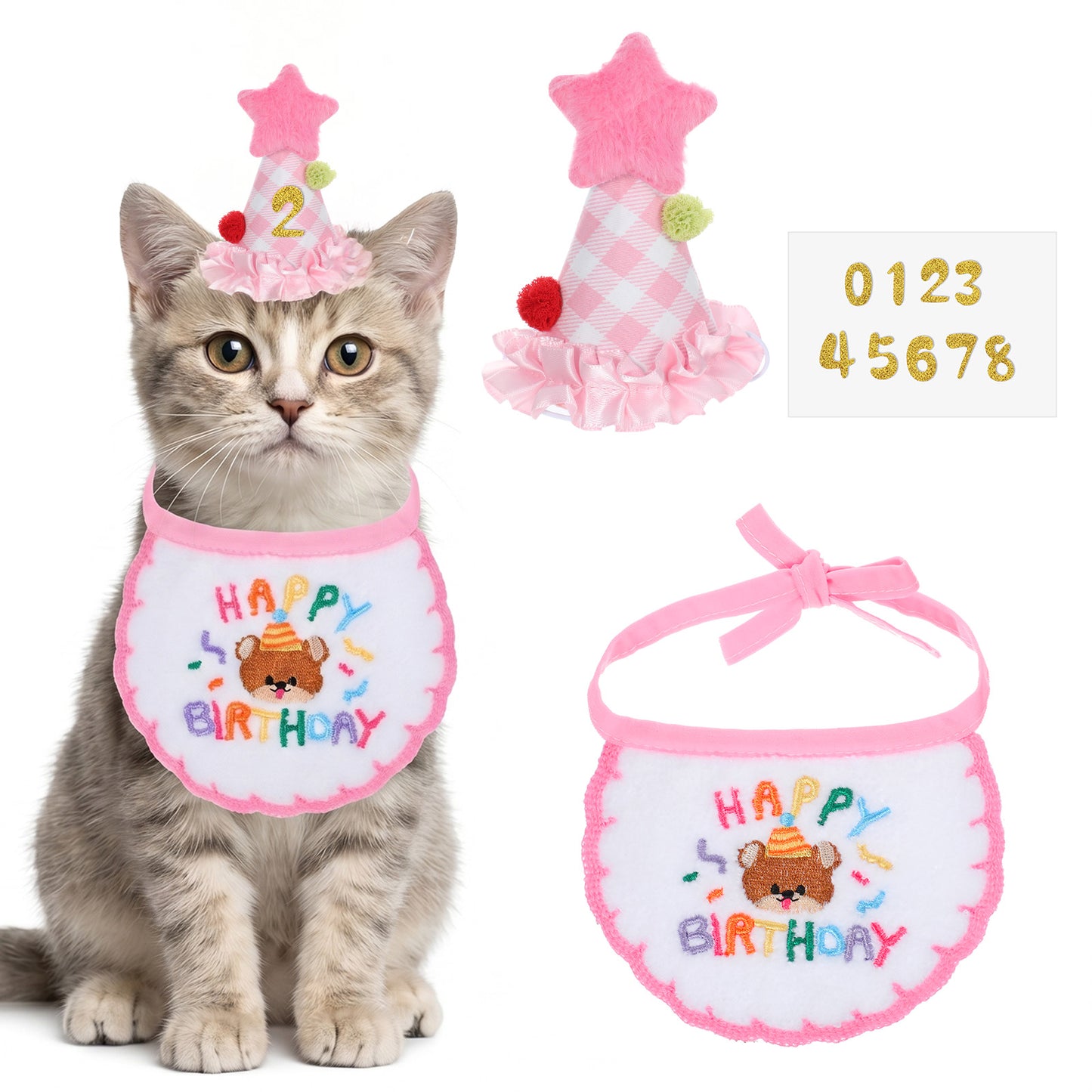 Cobee Cat Birthday Party Supplies, Pink Cat Birthday Hat with Star and Gold Number and Collar Cute Happy Birthdays Cats Hat Kitten Bandana Party Decorations for Kitten