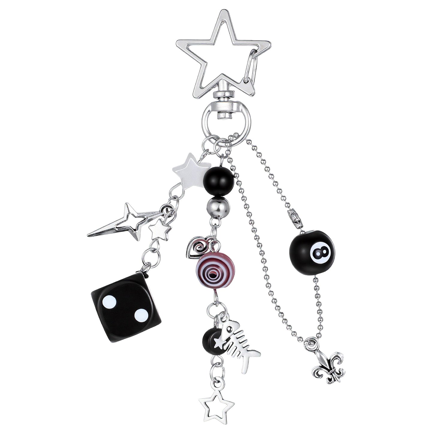 WJIAAA 8 Ball Keychain, Y2K Accessories with Dice & Stars, 4 Inch Alloy Resin Cute Keyring for Backpack, Purse Gift Giving