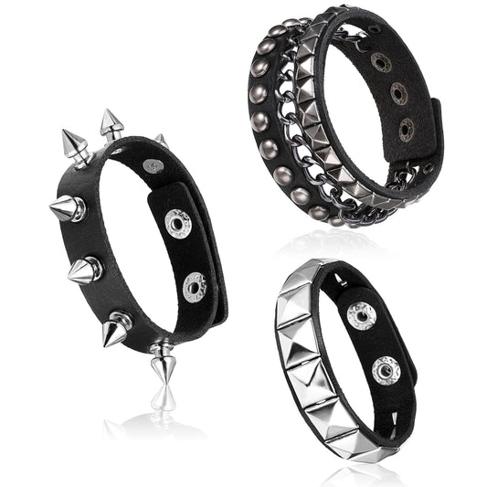 JIYIN Punk Rock Leather Bracelets, 3 Pcs Punk Rock Studded Bracelet Spiked Leather Cuff Bracelet for Men Women 80s Wristband Adjustable Wrap Wrist Cuffs for Halloween Party Favors