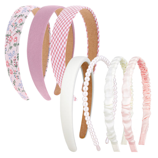 Bewudy 7Pcs Fashion Headbands for Women Girls Headbands Set, Pearl Headband, Non Slip Floral Head Bands, Padded Hair Bands Set Vintage Wide Hair Band