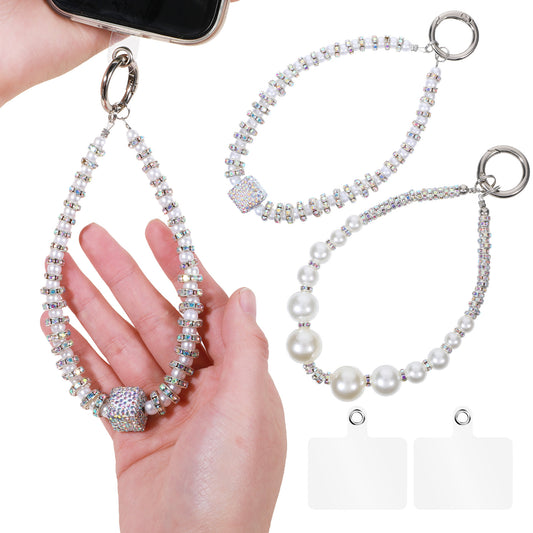 JIYIN 2 Pieces Phone Wrist Strap Pearl Beaded, Silver Phone Charm Cute Universal Phone Charm Phone Lanyard with Tether Tab Detachable Hands-Free Cell Phone Wristlet Strap for Most Smartphones