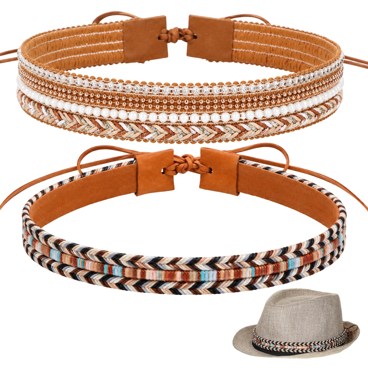DOPENSPI 2PCS Cowboy Hat Band for Women Men, Brown Western Rural Hat Belts